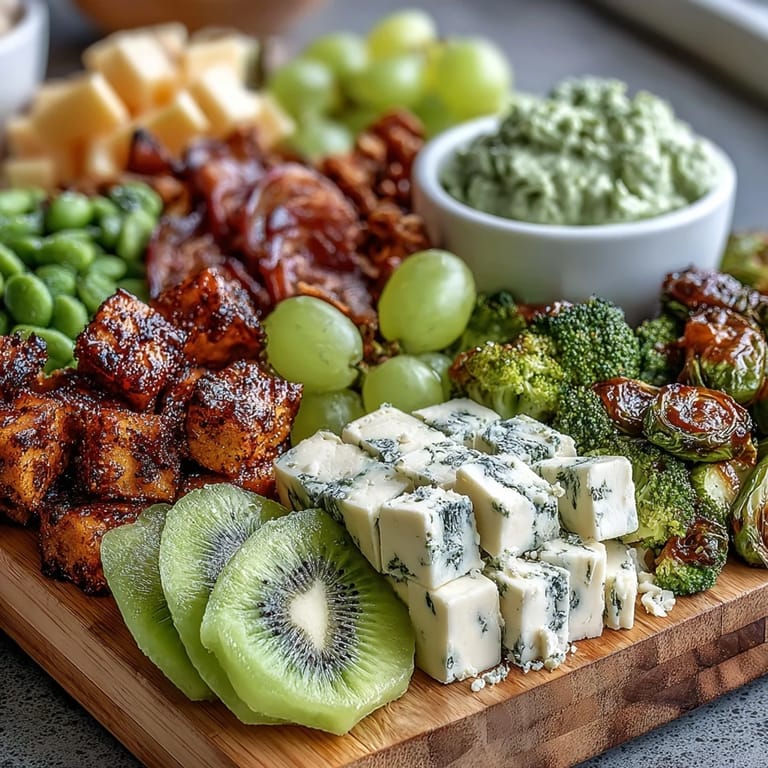 Colorful St. Patrick's Day green snack board with cucumber, broccoli, pistachios, wasabi peas, and mint chocolate treats.
