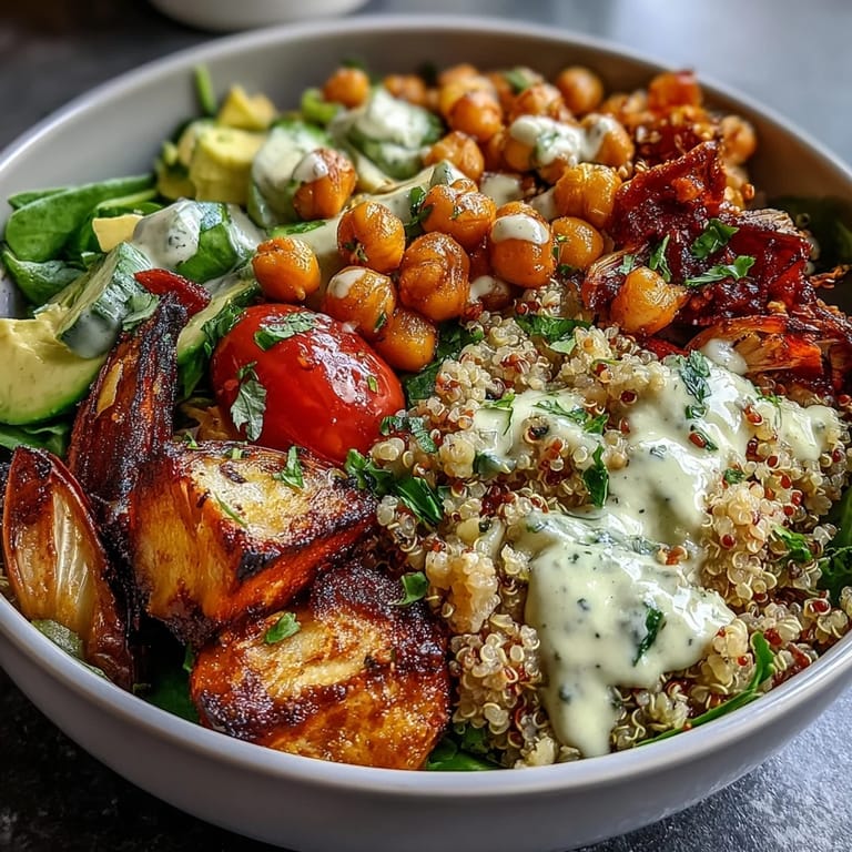 Colorful Mediterranean-inspired grain bowls topped with crispy roasted chickpeas and zesty lemon dressing.  