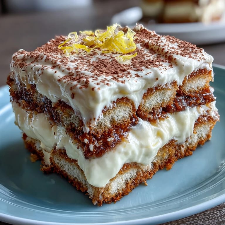 Creamy homemade limoncello tiramisu cups with delicate ladyfingers soaked in citrus syrup, garnished with white chocolate shavings for a luxurious finish.