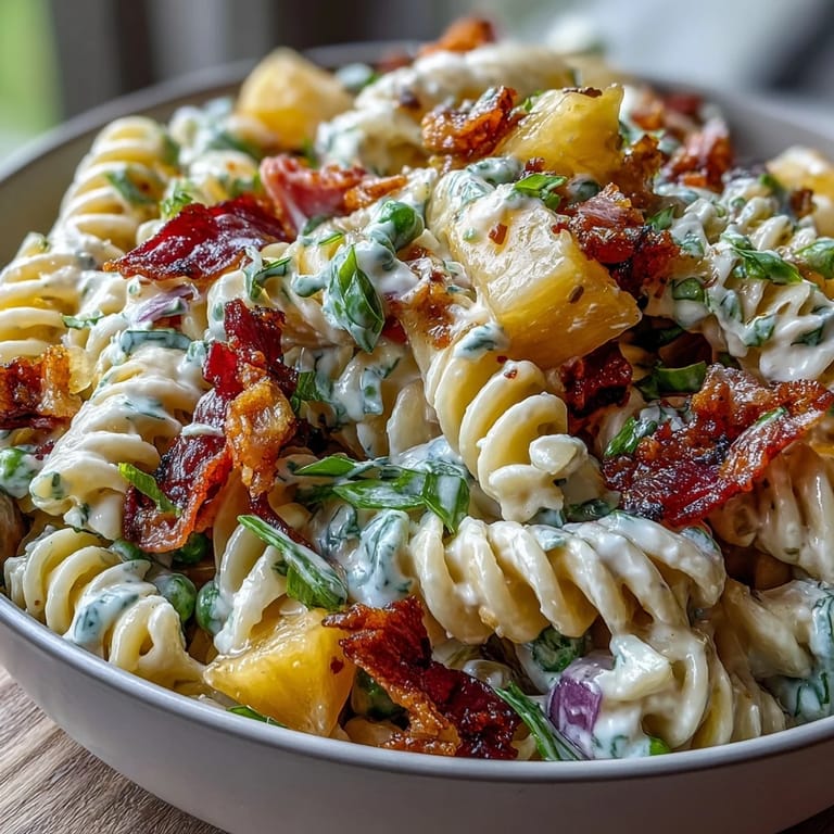 Refreshing Hawaiian pasta salad with diced ham, juicy pineapple, and crisp veggies in tangy ranch.