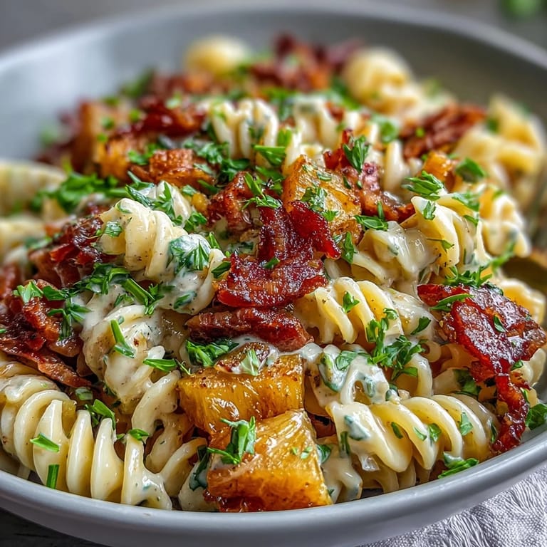 Creamy ranch-coated Hawaiian pasta salad featuring sweet pineapple and savory ham for a tropical twist.  