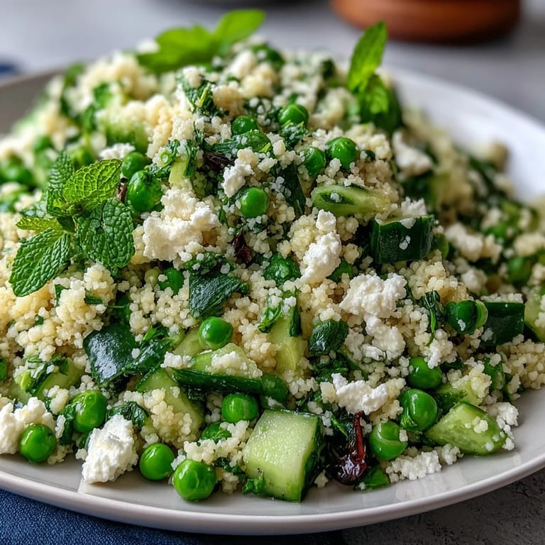 Fluffy couscous tossed with bright green peas, mint, and crisp vegetables, drizzled with zesty lemon dressing in a Mediterranean-style salad.