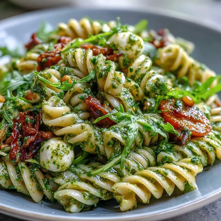 Aromatic pesto coats tender pasta in this light, refreshing salad with juicy tomatoes and soft mozzarella balls.