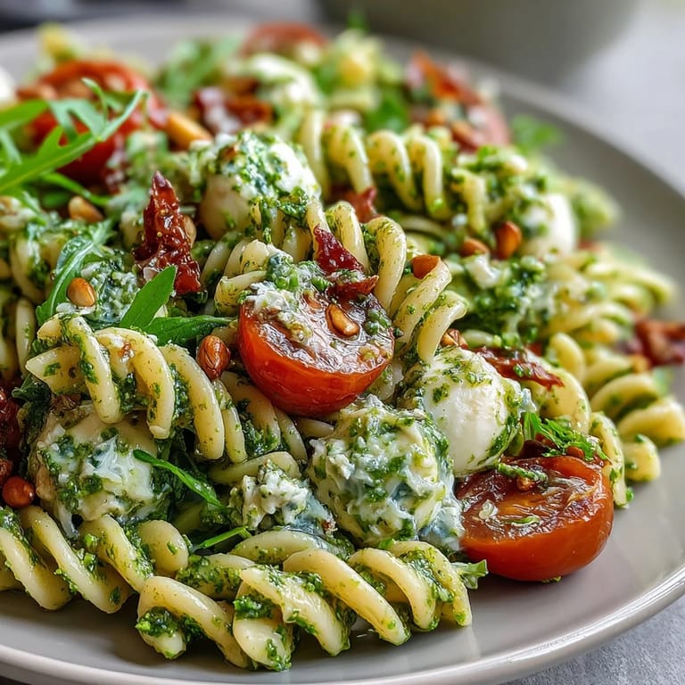 Colorful cherry tomatoes and fresh basil mingle with al dente pasta and mozzarella in a pesto-dressed salad.