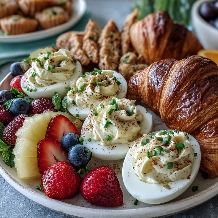Vibrant Easter brunch board with deviled eggs garnished with paprika, assorted fruit, and warm croissants—perfect for holiday gatherings.