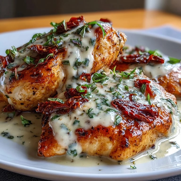 Irresistible Marry Me Chicken features tender seared chicken breasts bathed in a luscious herb-infused cream sauce with vibrant sun-dried tomatoes.