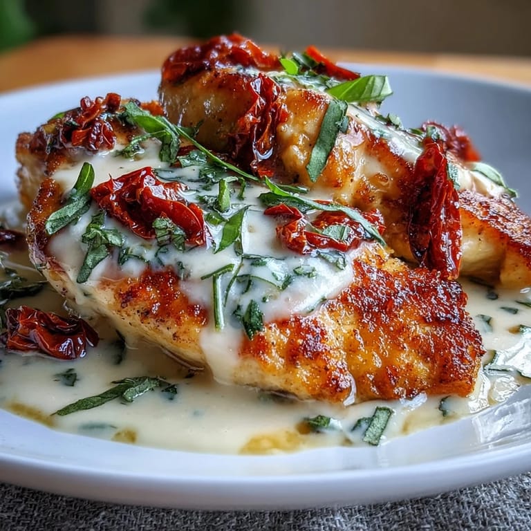 Decadent Marry Me Chicken boasts juicy chicken in a velvety garlic-Parmesan sauce, garnished with fresh basil for a romantic dinner centerpiece.
