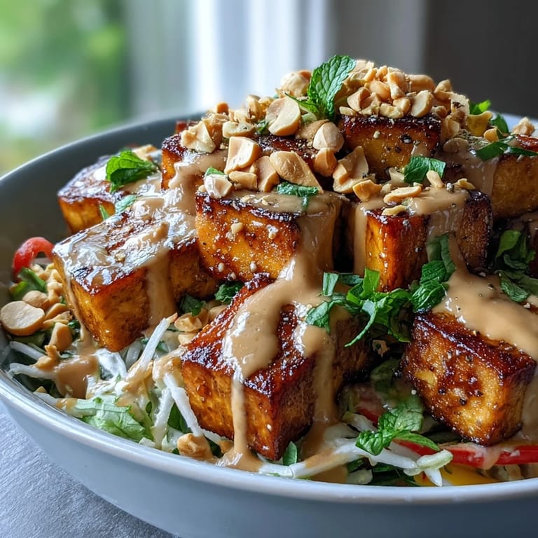 Crispy tofu adds crunch to this refreshing Thai Mango Salad with peanut dressing.