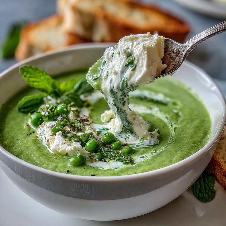 Garnished spring pea soup with mint oil, perfect for a light lunch.