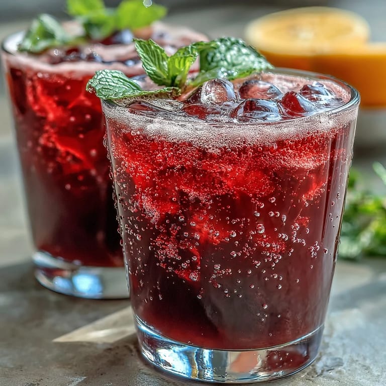 Refreshing Sparkling Hibiscus Mint Lemonade Mocktail, bright crimson and perfectly chilled.