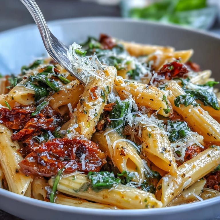 Flavorful Tuscan pasta dish featuring wilted spinach, sun-dried tomatoes, and a touch of cream.