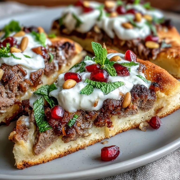 Warmly spiced ground lamb, fresh mint, and tangy pomegranate atop crispy flatbread. This flavorful pizza offers a delightful fusion of textures and Middle Eastern flavors.