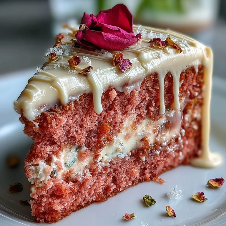 Delectably smooth Rosé Velvet Cake, draped in edible gold, ready to serve.