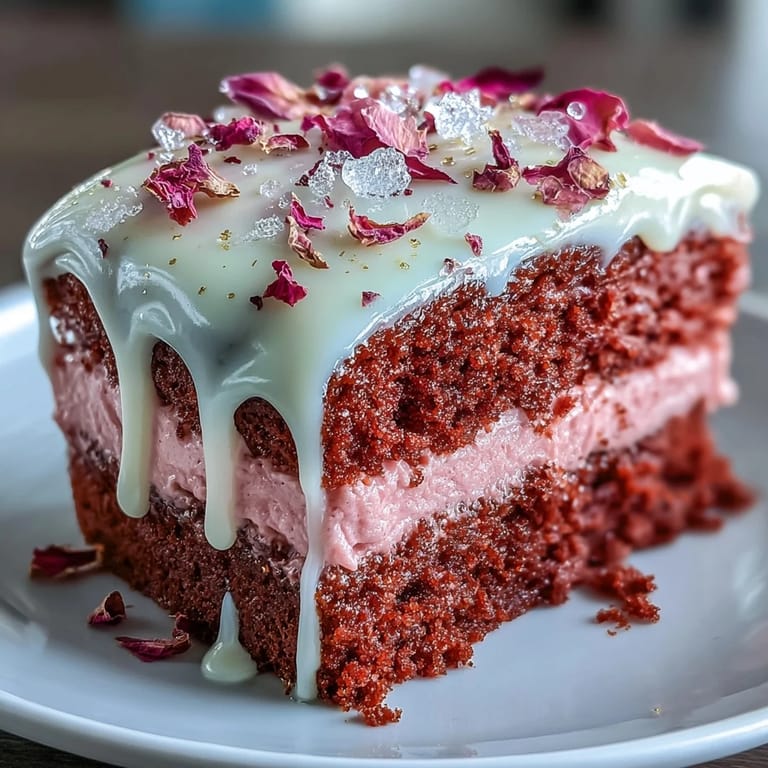 Elegant Bridal Shower Rosé Velvet Cake with luscious frosting and a sophisticated metallic gold drip.