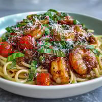 Italian Drunken Noodles feature al dente spaghetti tossed in a rich Chianti tomato sauce with spicy sausage and sweet cherry tomatoes, topped with fresh basil and Parmesan.