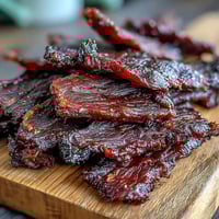 Smoky Black Currant Jerky on a wooden cutting board, showing a sweet and savory dried beef snack.