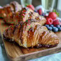 Elegant Mothers Day brunch board with flaky pastries, fresh berries, and mimosas for a festive morning celebration.