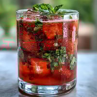 A vibrant pitcher of strawberry basil lemonade mocktail with fresh basil leaves and juicy strawberries.