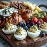 Easter Brunch Board with Deviled Eggs, Fruit, and Pastries featuring colorful deviled eggs, fresh seasonal fruit, and flaky pastries on a festive platter.