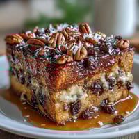 1. Traditional Capirotada Mexicana with toasted bread, piloncillo syrup, nuts, and cheese in a golden baked casserole.  