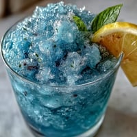 Vibrant blue raspberry lemonade slushie with crushed ice, perfect for cooling off on a hot summer day.