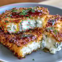 Crispy breaded feta cheese with golden panko crust, drizzled with honey and fresh herbs.  