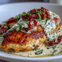 Creamy Marry Me Chicken with sun-dried tomatoes and garlic in a rich Parmesan sauce, served golden and sizzling from the skillet.