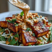Vibrant Thai Mango Salad with Crispy Tofu and rich peanut sauce awaits.