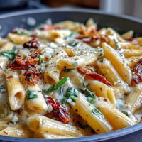 Creamy One-Pot Tuscan Pasta with spinach and sun-dried tomatoes in a rich Parmesan sauce.  