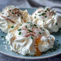 Fluffy baked egg whites shaped like clouds, topped with golden yolks for a whimsical breakfast treat.