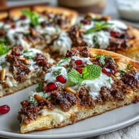 Spiced Lamb Flatbread Pizza with creamy yogurt and pomegranate seeds. A vibrant Middle Eastern-inspired dish, perfect for sharing or as a crowd-pleasing appetizer.